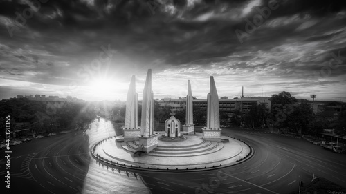 Top Eye View Black and White Democracy Monument is a historical of constitution monument in Bangkok, Thailand.	