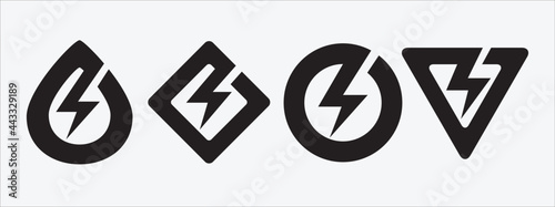 lightning bolt, flash thunderbolt, electric spark and fast superhero symbol vector icon logo design template. assorted inside polygonal, water drop, circle and square frame