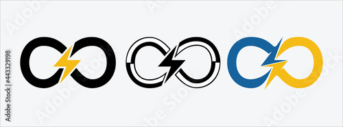 electric infinity unlimited symbol, renewable electrical power vector icon logo design. electric spark combined with infinity symbol.