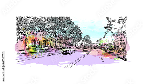 Building view with landmark of Hot Springs is the 
city in Arkansas. Watercolor splash with hand drawn sketch illustration in vector.