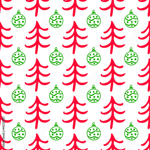 Christmas seamless pattern for greeting cards, wrapping papers. Hand drawn winter background from doodle Christmas trees, snowflakes and toys. Abstract Christmas Tree Seamless Vector Patterns. 