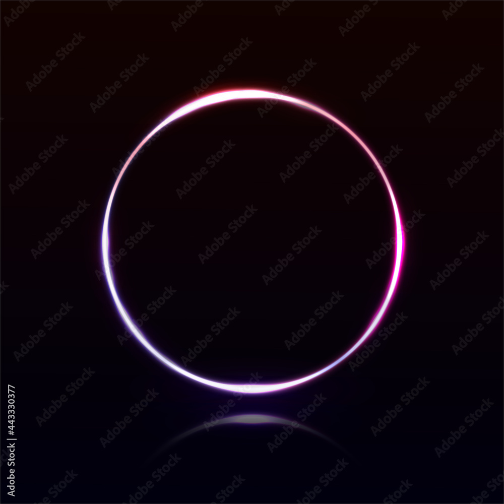 Obraz premium Neon round frame with shining effects on dark background. Empty glowing techno backdrop. Vector illustration
