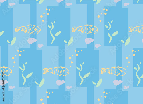 Background seamless pattern with fishes on blue backdrop. Water plants and fishes vector illustration.