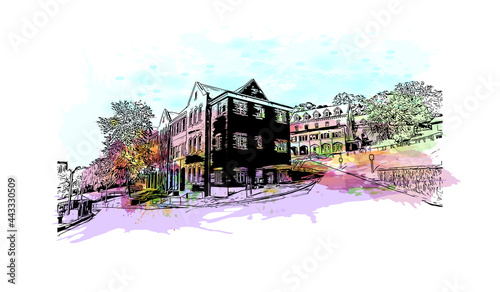 Building view with landmark of Hot Springs is the 
city in Arkansas. Watercolor splash with hand drawn sketch illustration in vector.