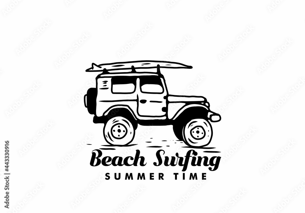 Obraz premium Black illustration drawing of off road car and surfing board