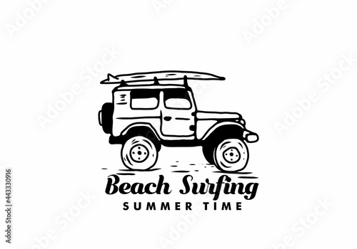 Black illustration drawing of off road car and surfing board