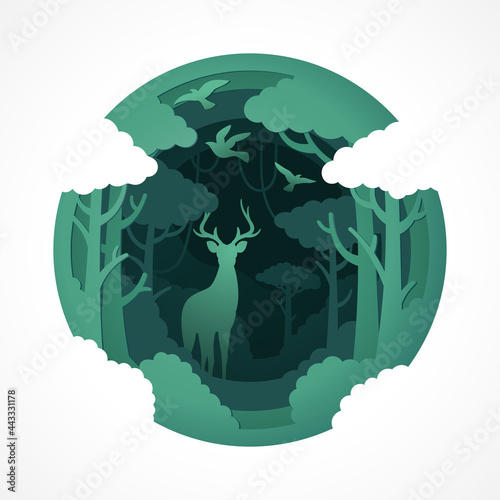 Deer wildlife with vector papercut style of green eco forest