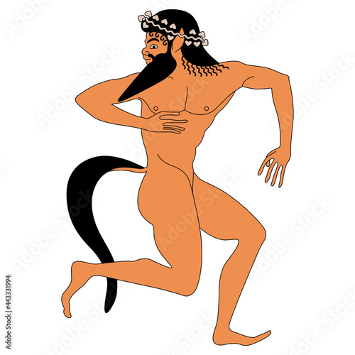 Running or dancing ancient Greek satyr or Silenus. Vase painting style.