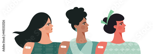Diverse women after vaccination concept Vaccine injection in arm, shoulder. Set of multiracial female character after getting vaccine. Flat vector cartoon illustration for web banner, social advert