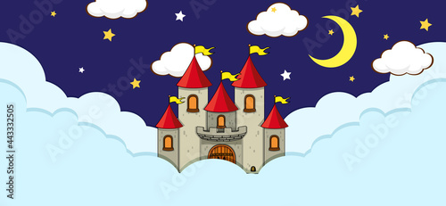 Scene with fantasy castle on the cloud at night