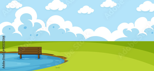 Empty park landscape scene with pond in the meadow