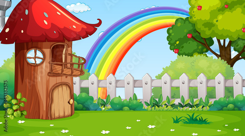 Nature landscape scene background with mushroom house