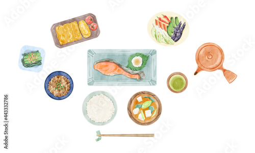 日本の朝食（和食）手描き水彩風イラスト