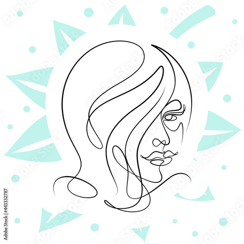 International Women's Day minimal design line drawing style. Portrait of young woman beauty face isolated on green leaf background. Vector for Spa, fashion, hairdressing and beautiful artwork design.