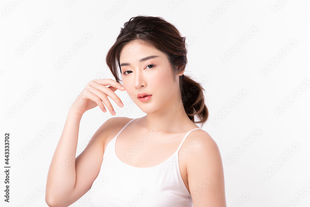 Beautiful young woman with clean fresh skin on white background, Face care, Facial treatment, Cosmetology, beauty and spa, Asian women portrait. Beautiful young woman with clean fresh skin on white background, Face care, Facial treatment, Cosmetology, beauty and spa, Asian women portrait.