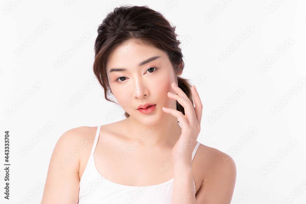 Beautiful young woman with clean fresh skin on white background, Face care, Facial treatment, Cosmetology, beauty and spa, Asian women portrait. Beautiful young woman with clean fresh skin on white background, Face care, Facial treatment, Cosmetology, beauty and spa, Asian women portrait.