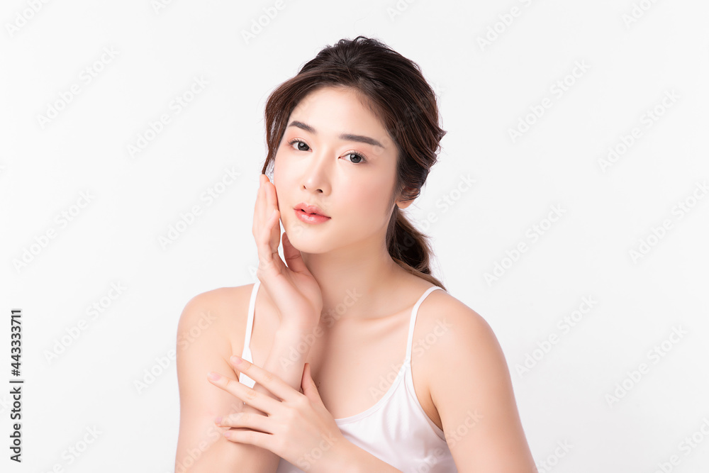 Beautiful young woman with clean fresh skin on white background, Face care, Facial treatment, Cosmetology, beauty and spa, Asian women portrait. Beautiful young woman with clean fresh skin on white background, Face care, Facial treatment, Cosmetology, beauty and spa, Asian women portrait.