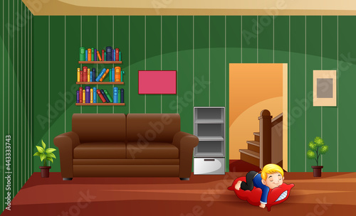 A boy sleeping on the pillow at home illustration