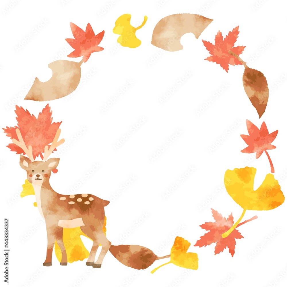 Obraz 綺麗な水彩の秋の葉っぱとシカの円形フレーム