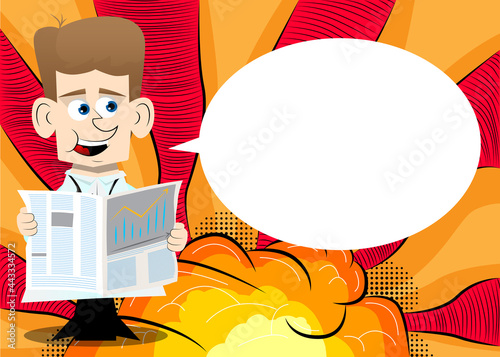 Funny cartoon doctor reading the news. Vector illustration. Health care worker holding a big newspaper.