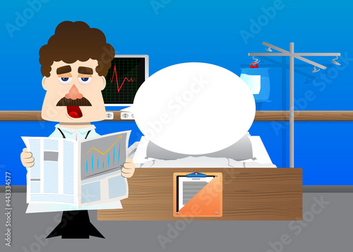 Funny cartoon doctor reading the news. Vector illustration. Health care worker holding a big newspaper.