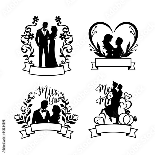 Set of bride and groom silhouette illustration, happy couple celebrating  marriage