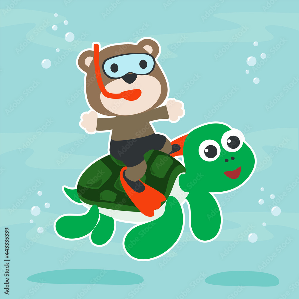 Diving with funny bear and turtle with cartoon style. Creative vector childish background for fabric, textile, nursery wallpaper, poster, card, brochure. vector illustration background. Diving with funny bear and turtle with cartoon style. Creative vector childish background for fabric, textile, nursery wallpaper, poster, card, brochure. vector illustration background.