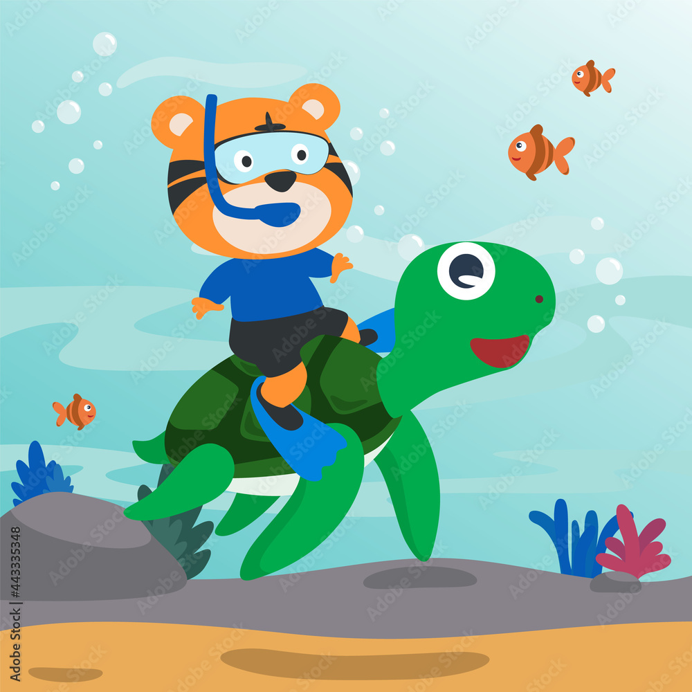 Obraz premium Diving with funny tiger and turtle with cartoon style. Creative vector childish background for fabric, textile, nursery wallpaper, poster, card, brochure. vector illustration background.