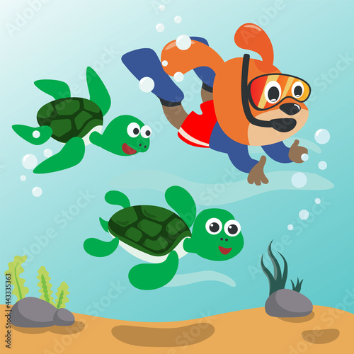 Diving with funny dog and turtle with cartoon style. Creative vector childish background for fabric, textile, nursery wallpaper, poster, card, brochure. vector illustration background. © Hijaznahwani