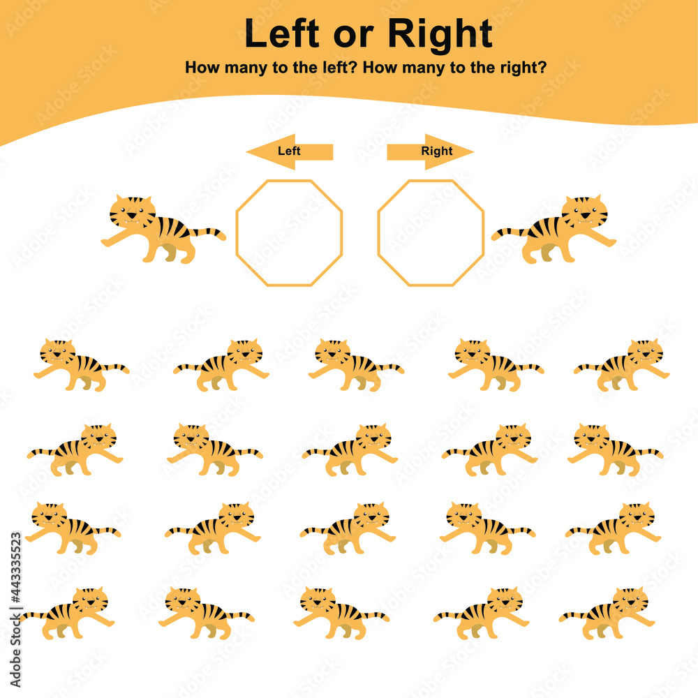 Left or Right Game for Preschool Children. Counting how many tigers are ...