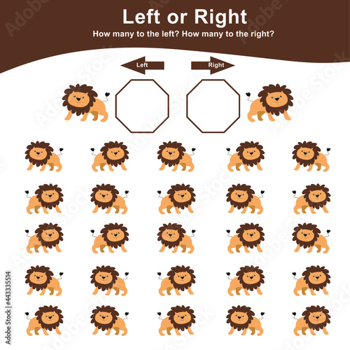 Left or Right Game for Preschool Children. Counting how many lions are left and right. Educational printable math worksheet. Additional math for kids. Vector illustration in cartoon style. 