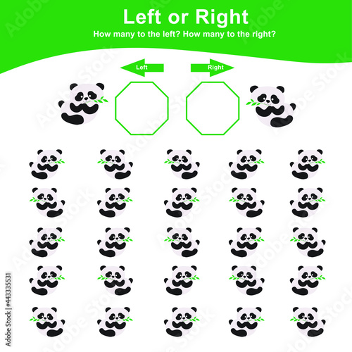 Left or Right Game for Preschool Children. Counting how many pandas are left and right. Educational printable math worksheet. Additional math for kids. Vector illustration in cartoon style. 