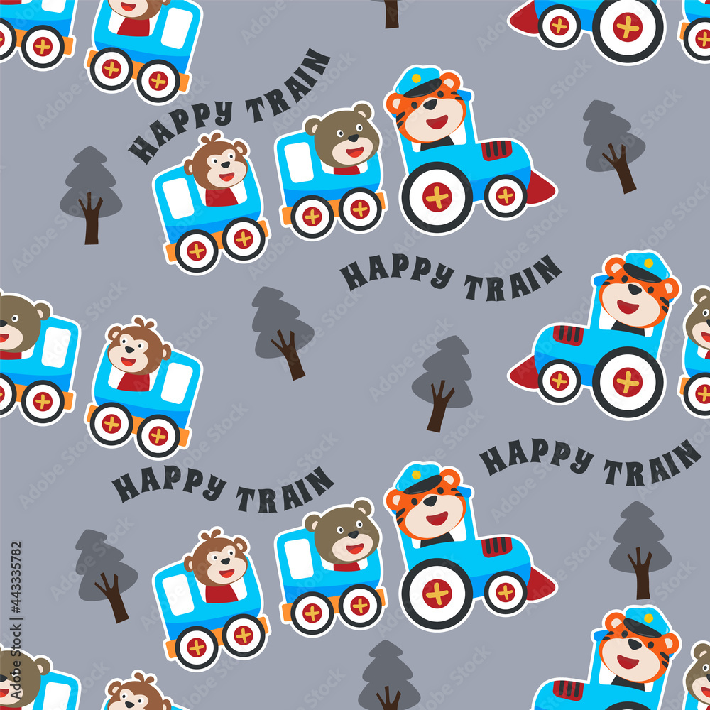 Fototapeta premium Seamless pattern texture with animals cartoon on train, For fabric textile, nursery, baby clothes, background, textile, wrapping paper and other decoration.