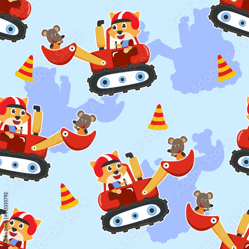 Seamless pattern texture of heavy tool with cute animal For fabric textile, nursery, baby clothes, background, textile, wrapping paper and other decoration. © Hijaznahwani