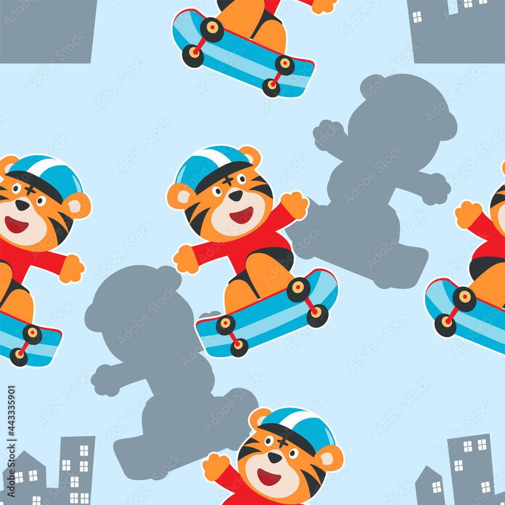 Fototapeta premium seamless pattern with cute little tiger on skate board, For fabric textile, nursery, baby clothes, background, textile, wrapping paper and other decoration.