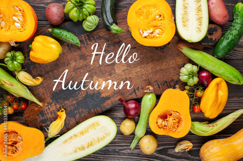 Fototapeta Naklejka Na Ścianę i Meble -  Pumpkin and various vegetables on a dark background. Text Hello Autumn. Top view.