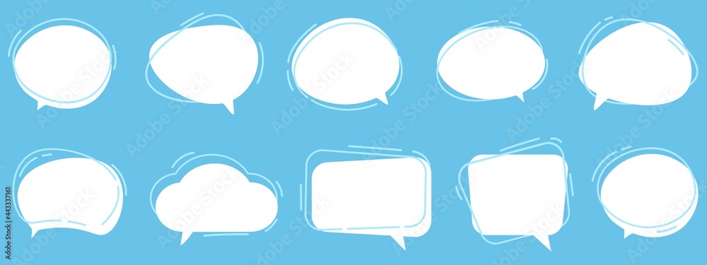 Vector Set of speech bubbles. Dialog box icon, message template. White clouds for text, lettering. Different shape of empty balloons for talk on blue background. Flat vector illustration Vector Set of speech bubbles. Dialog box icon, message template. White clouds for text, lettering. Different shape of empty balloons for talk on blue background. Flat vector illustration