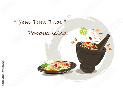 Somtum Papaya salad thailand.Papaya salad and ingredients on white background.Thai food vector. photo