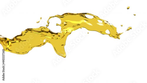 Oil splash on white background. 3D animation of yellow liquid, alpha channel as matte mask included.