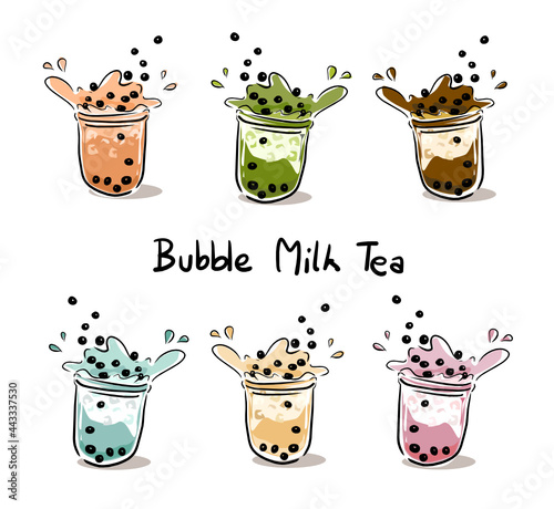The bubble milk tea. Black pearl milk tea is a famous drink many cup vector. Set of bubble milk tea isolated on white background.