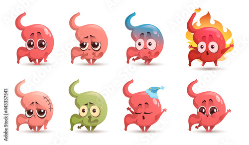 Cute stomach character with different emotions isolated on white background. Vector set of cartoon funny gastric, human abdomen organ smiles, sleeps, feels ache, nausea, reflux and heartburn