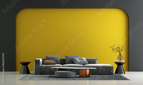 Fototapeta Naklejka Na Ścianę i Meble -  Home and decor and furniture of minimal living room interior design and yellow pattern wall texture background and white wood floor, 3d rendering