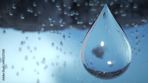 Macro of a raindrop falling from clouds during thunderstorm. 3D Render. photo
