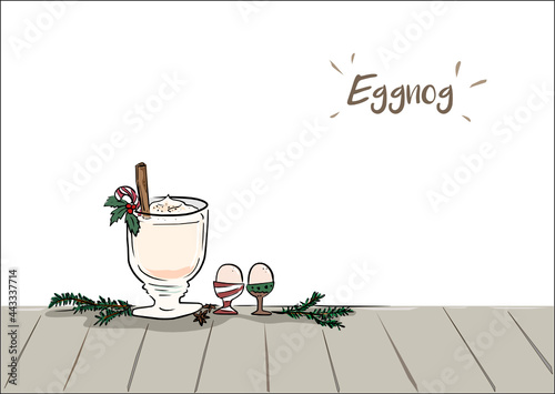 The eggnog in glass on wooden table and white background vector.Eggnog in Christmas.