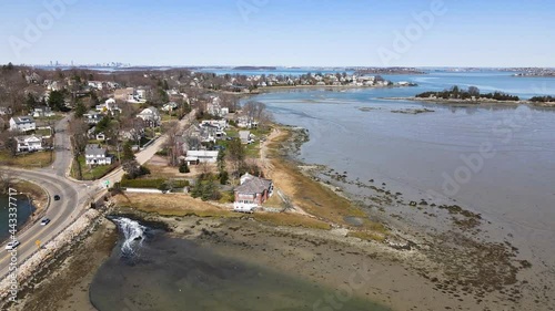 Forward Motion Drone footage of coastline around Hingham MA, showing shore properties and traffic.  Aerial photo