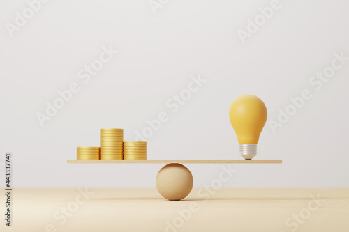 Coin stack compare light bulb idea on wood scale seesaw. Money gold coin compare balance with knowledge concept. 3d illustration