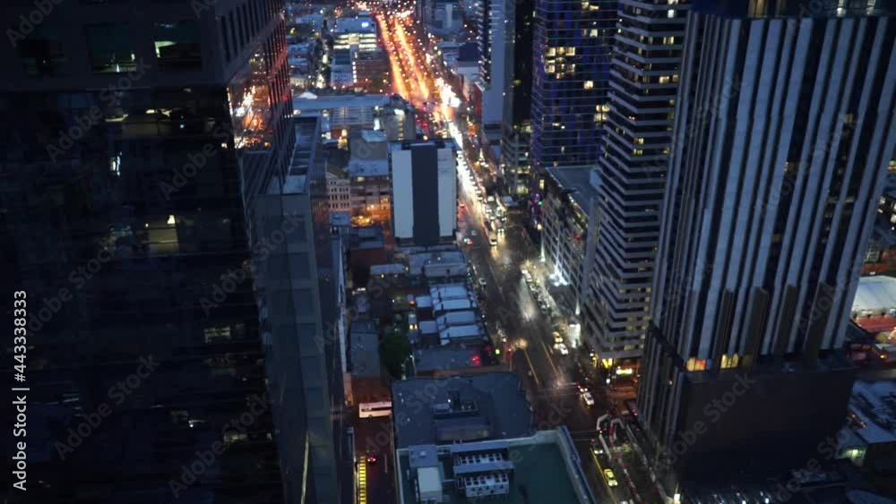 Futuristic Night Traffic View of Elizabeth Street Melbourne City Victoria from above.