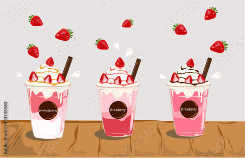 set of Strawberry desserts and drinks. Milkshakes on wooden table background.