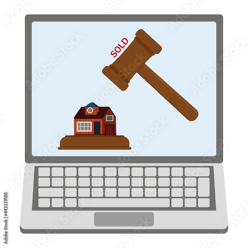 Sale of a house at an online auction via a laptop, color vector isolated illustration