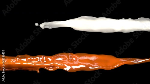 Caramel and Milk streams on black background. 3D animation of edible liquids, alpha channel as matte mask included.
